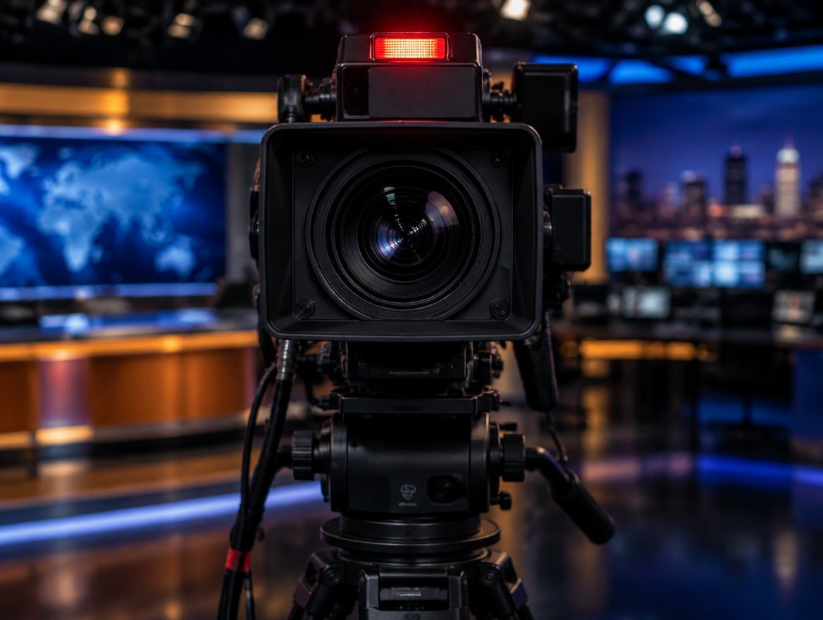 Front view of a professional television broadcast camera on a studio tripod