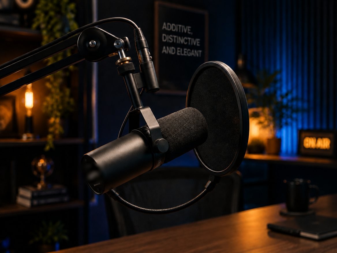 Professional podcast microphone on a boom arm in a recording studio